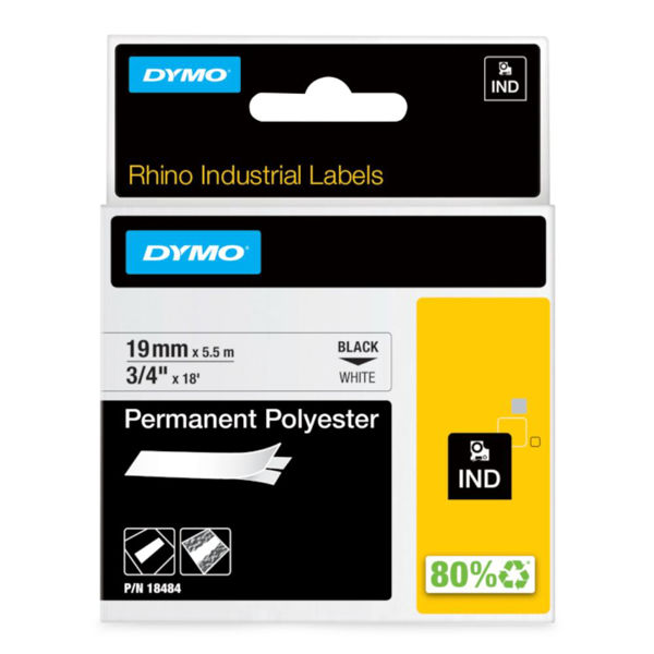 Picture of 19mm Dymo Rhino 18484 Black on White Permanent Polyester